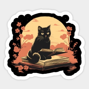 Japanese Floral Black Cat And Book Catshirt Sticker